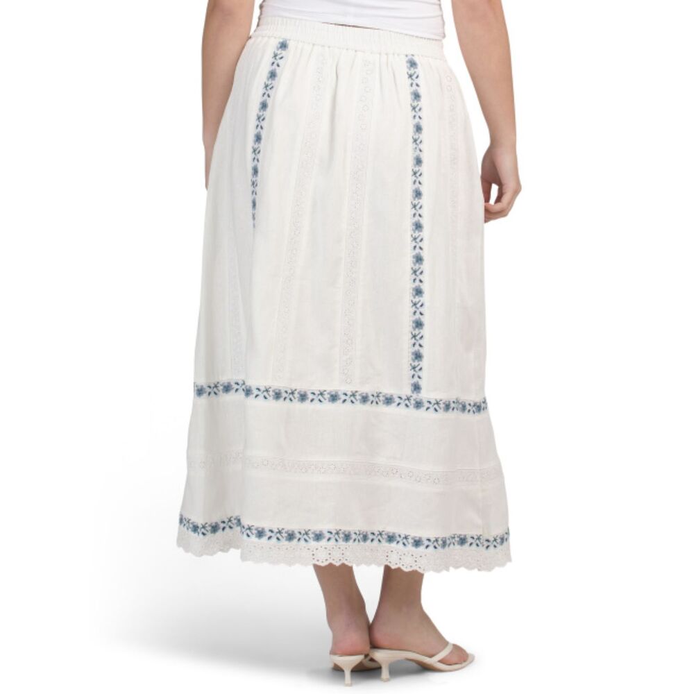 Caroline Constas XS Linen Blend Embroidered Maxi Skirt White Blue Boho Cottage - Picture 3 of 12